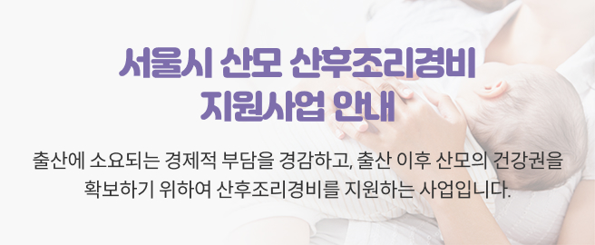 서울시 산모 산후조리경비 지원사업 안내 출산에 소요되는 경제적 부담을 경감하고, 출산 이후 산모의 건강권을 확보하기 위하여 산후조리경비를 지원하는 사업입니다.